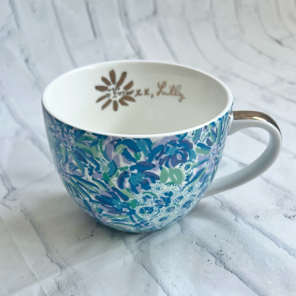 Lilly Pulitzer Lion Around Ceramic Coffee Mug 12oz Blue Green Floral Gold Handle